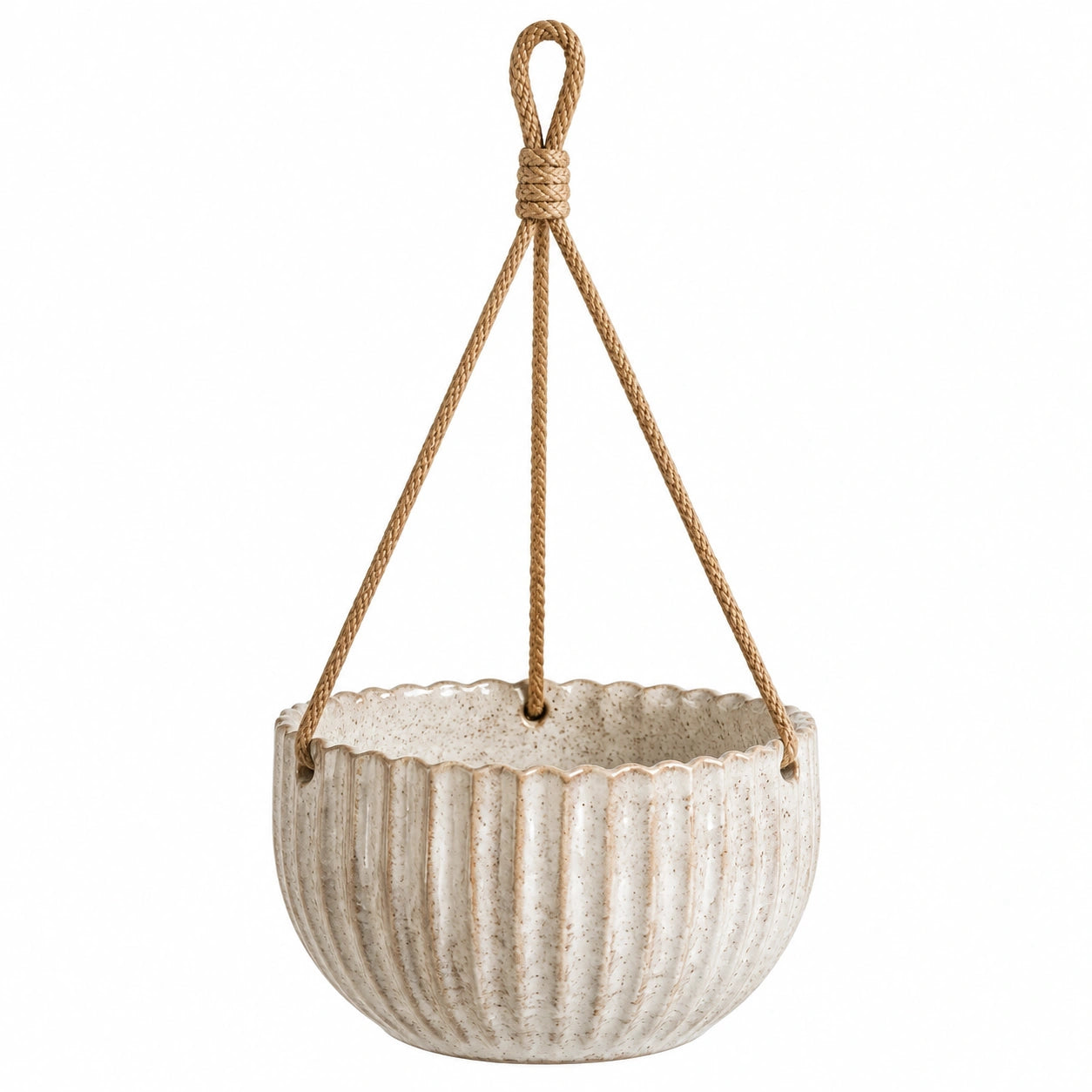 Jardinière suspendue Ø20 cm x H15 cm en céramique beige avec corde tressée pour plantes