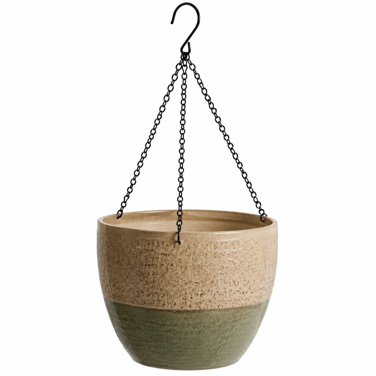 Pot de fleurs suspendu diamètre 25 cm en céramique beige et vert avec chaînes métalliques