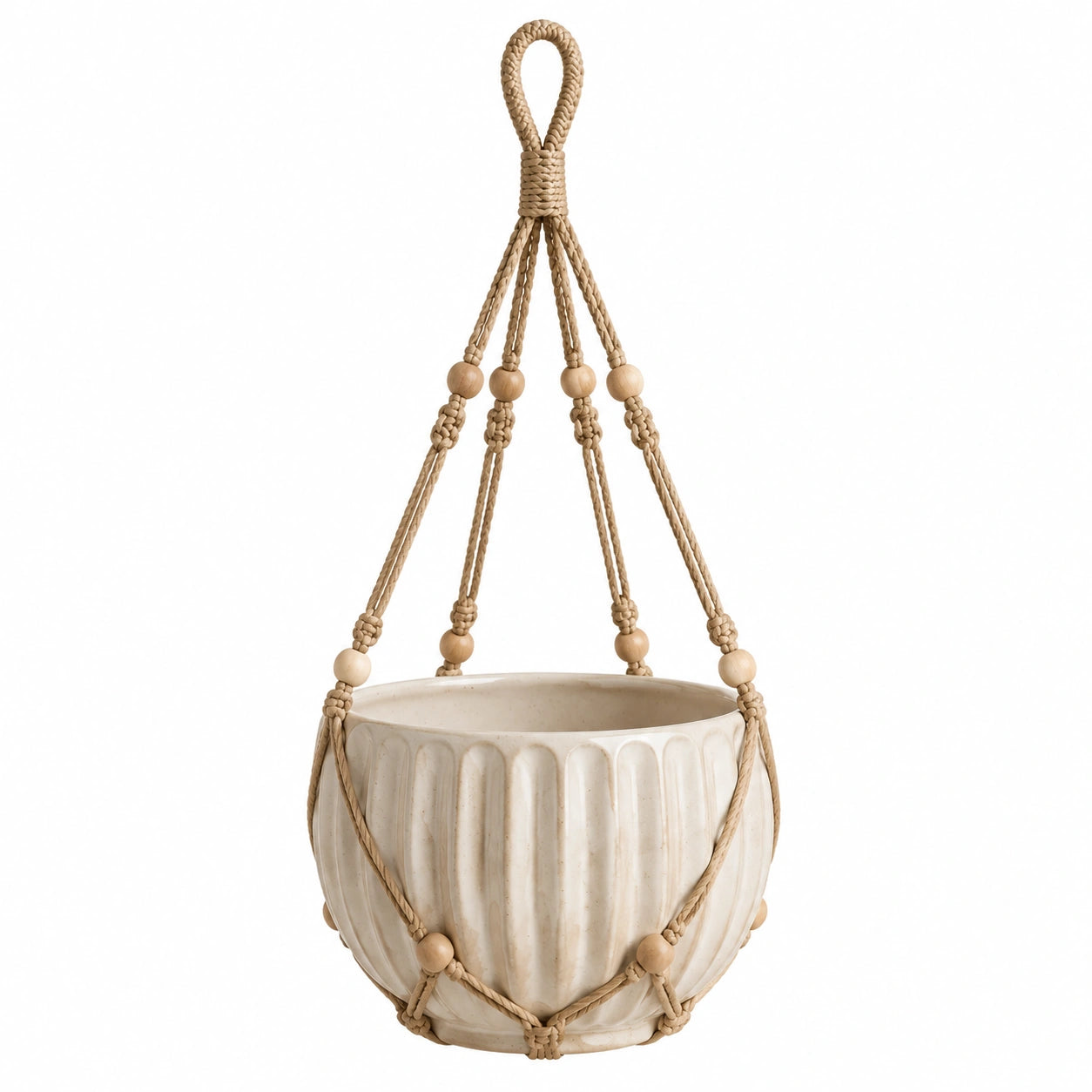 Pot de fleurs suspendu Ø18 cm en céramique beige avec corde tressée style bohème