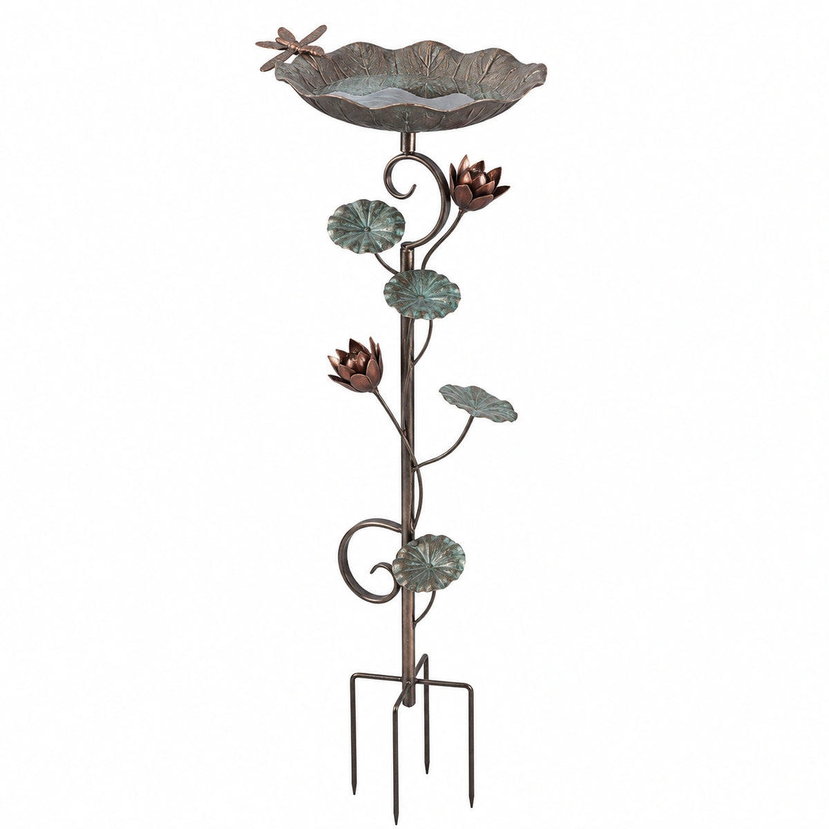Bain d oiseaux sur piquet 25 x 110 cm en métal brun vert avec décor lotus pour jardin