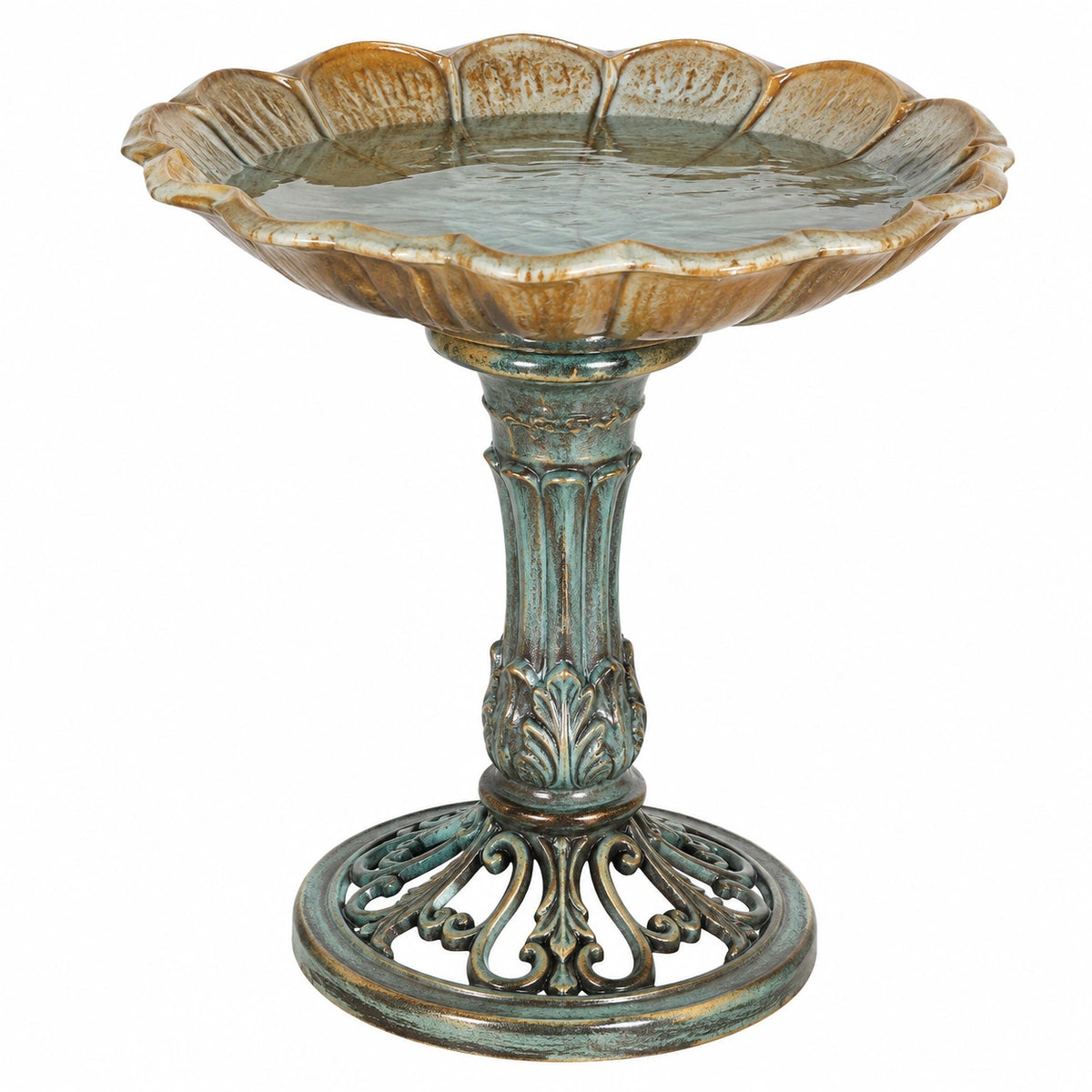 Bain d oiseaux sur pied en céramique émaillée vert brun Ø 46 cm style classique pour jardin