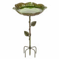 Bain d oiseaux sur pied 42 cm en métal vert pour jardin style feuille