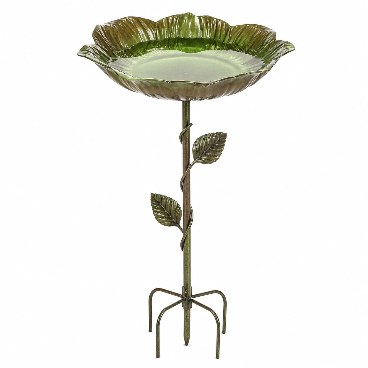 Bain d oiseaux sur pied 42 cm en métal vert pour jardin style feuille