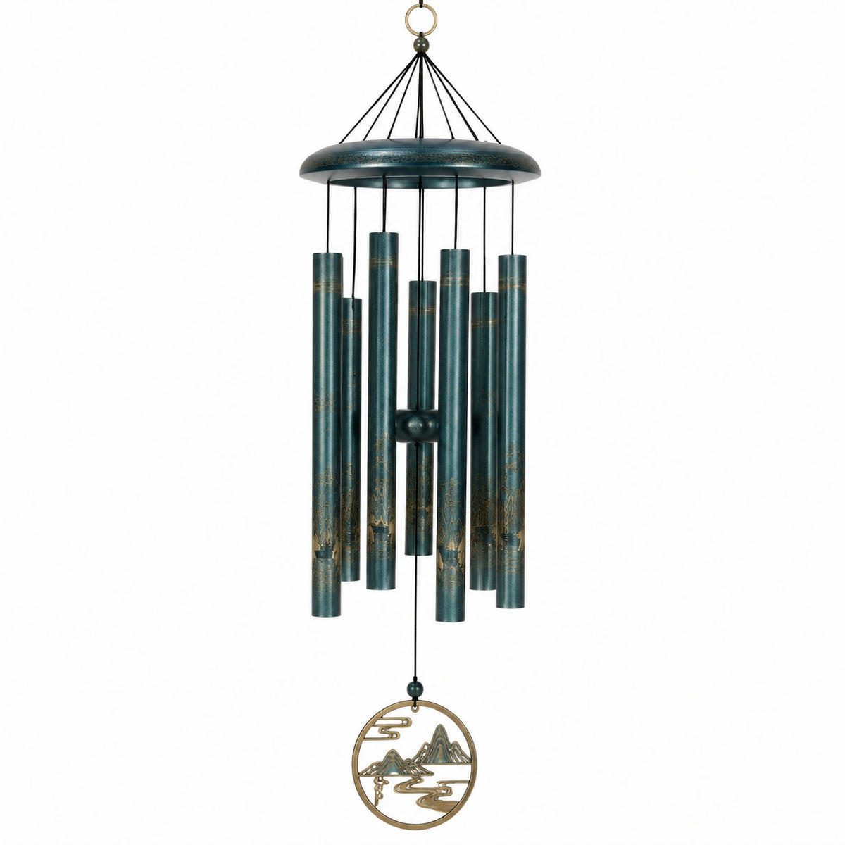 Carillon éolien en métal bleu foncé et doré 90 cm à tubes suspendus décoratifs