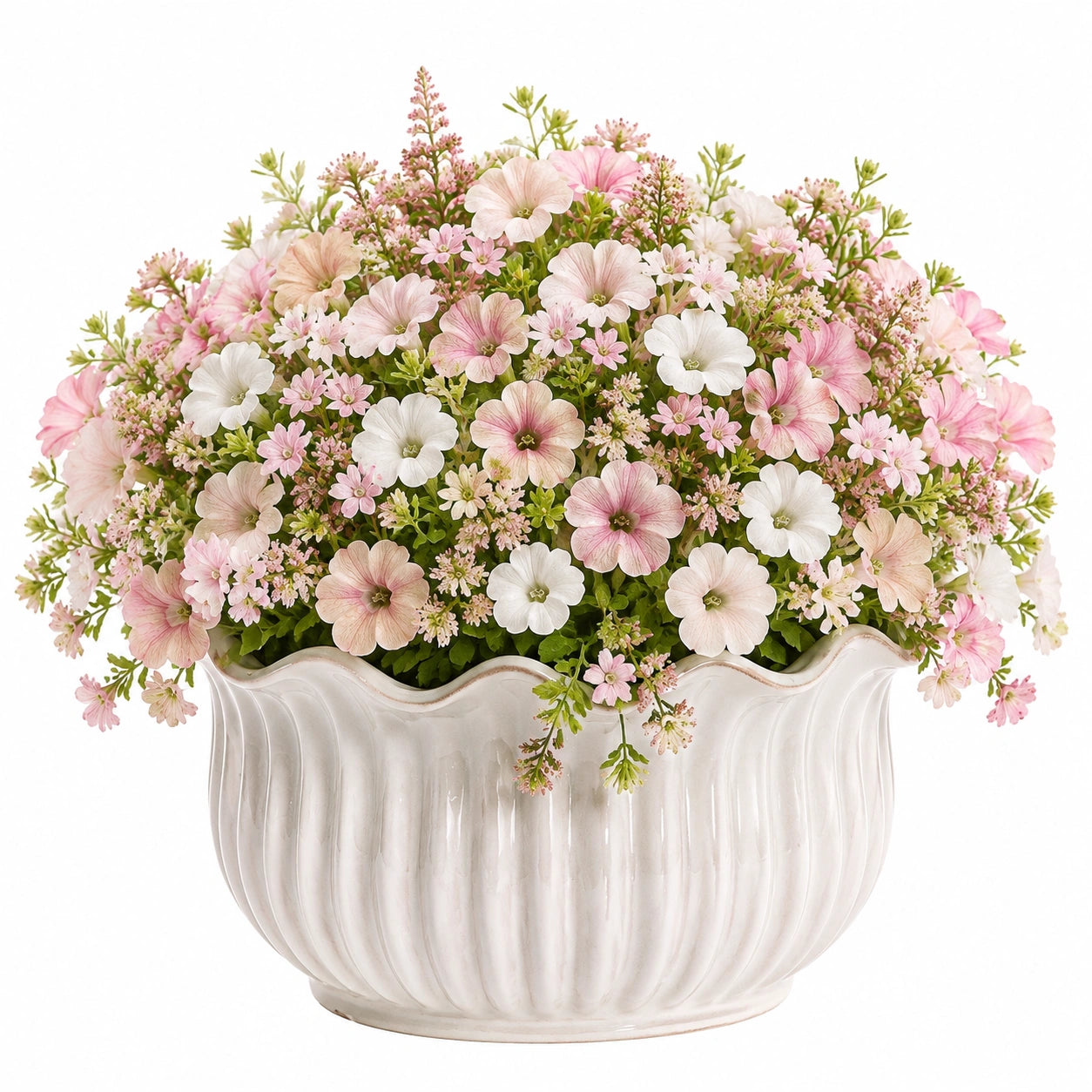 Plante artificielle en pot 38 cm fleurs textile rose blanc décorative