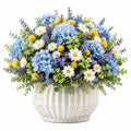 Plante artificielle en pot 45 cm fleurs bleues blanches jaunes décorative
