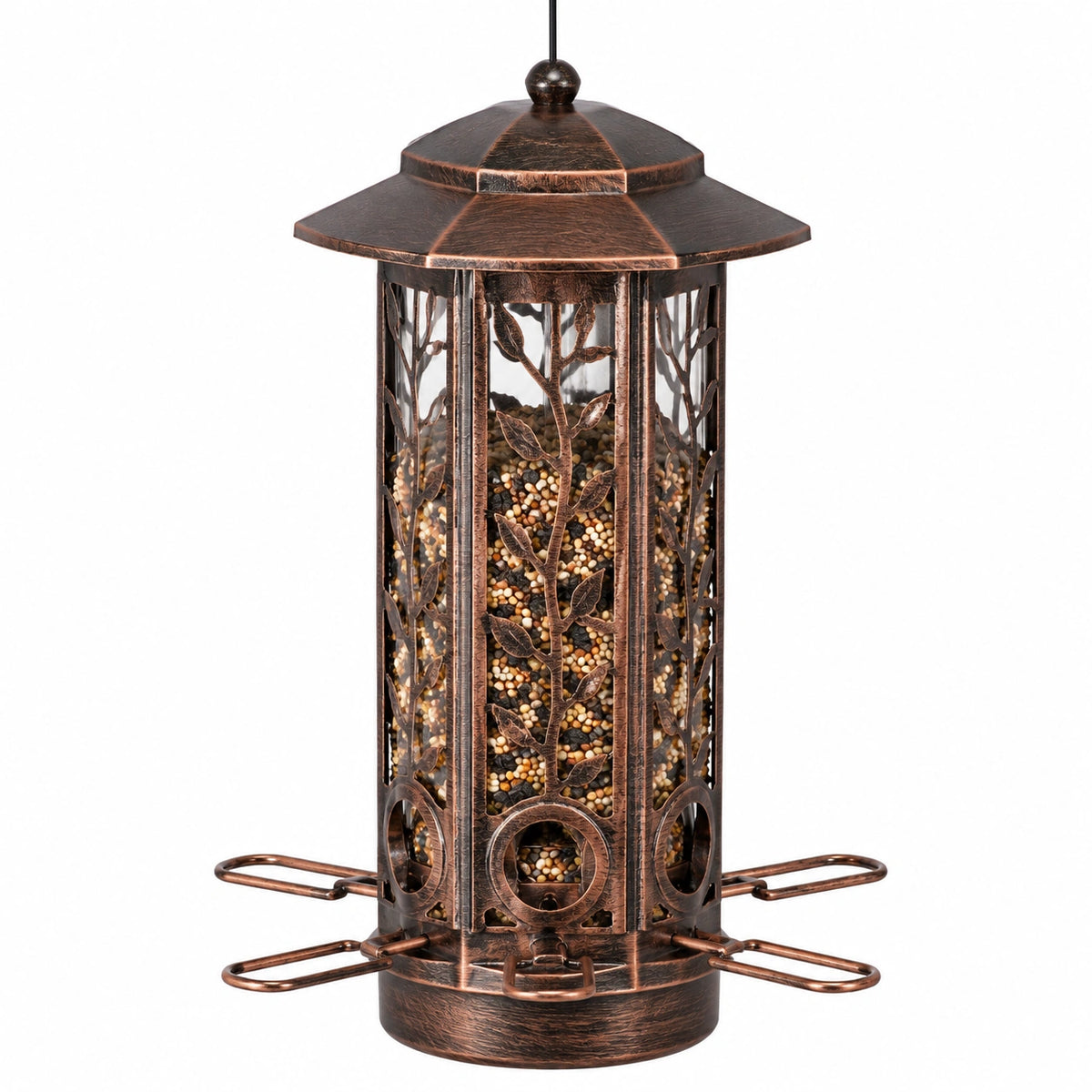 Mangeoire à oiseaux suspendue diamètre 24 cm hauteur 35 cm en métal bronze avec perchoirs style rustique