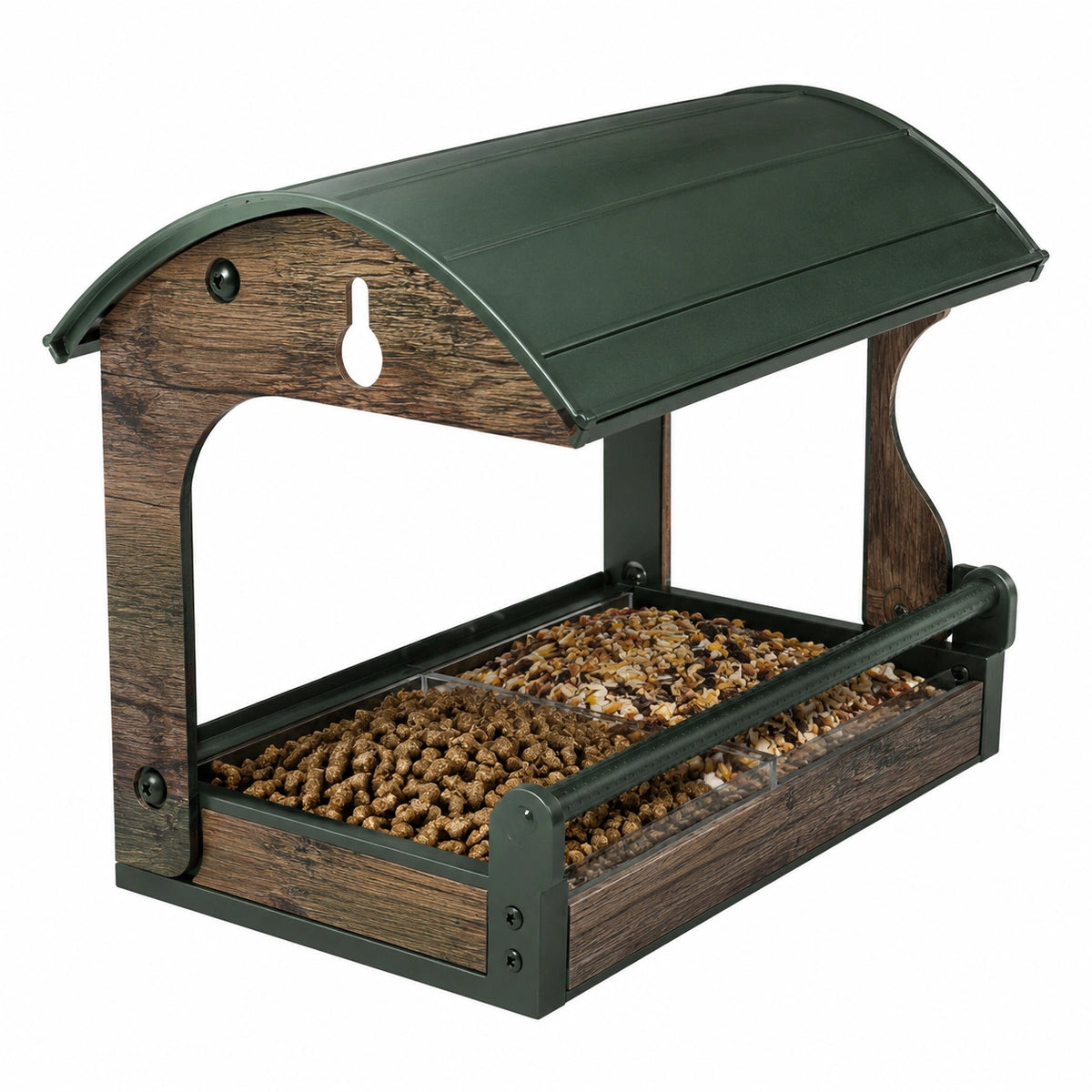 Mangeoire à oiseaux 40 x 25 x 30 cm en métal et panneaux aspect bois vert foncé avec toit protecteur