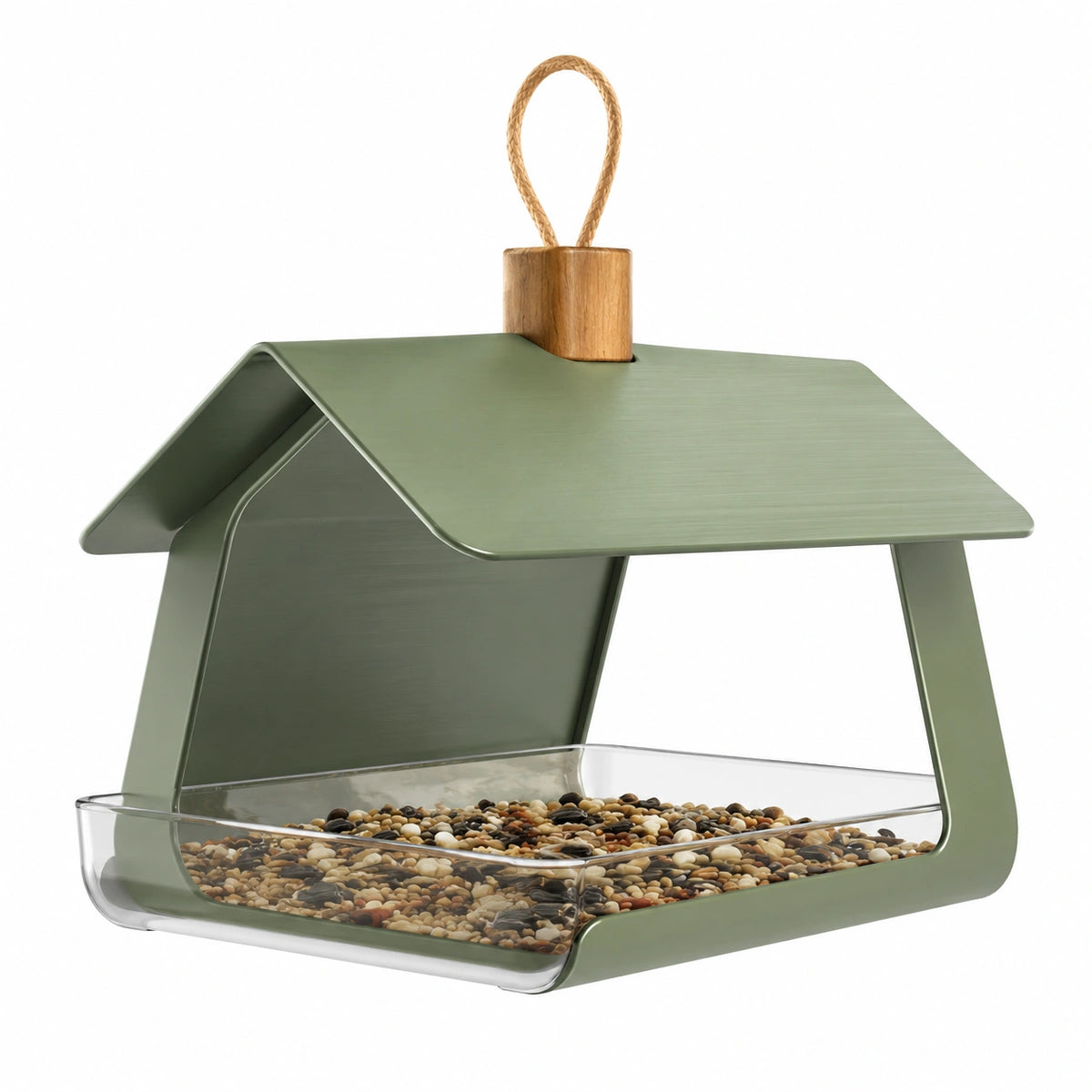 Mangeoire à oiseaux 25 x 20 x 27 cm en métal vert avec plateau transparent suspendue
