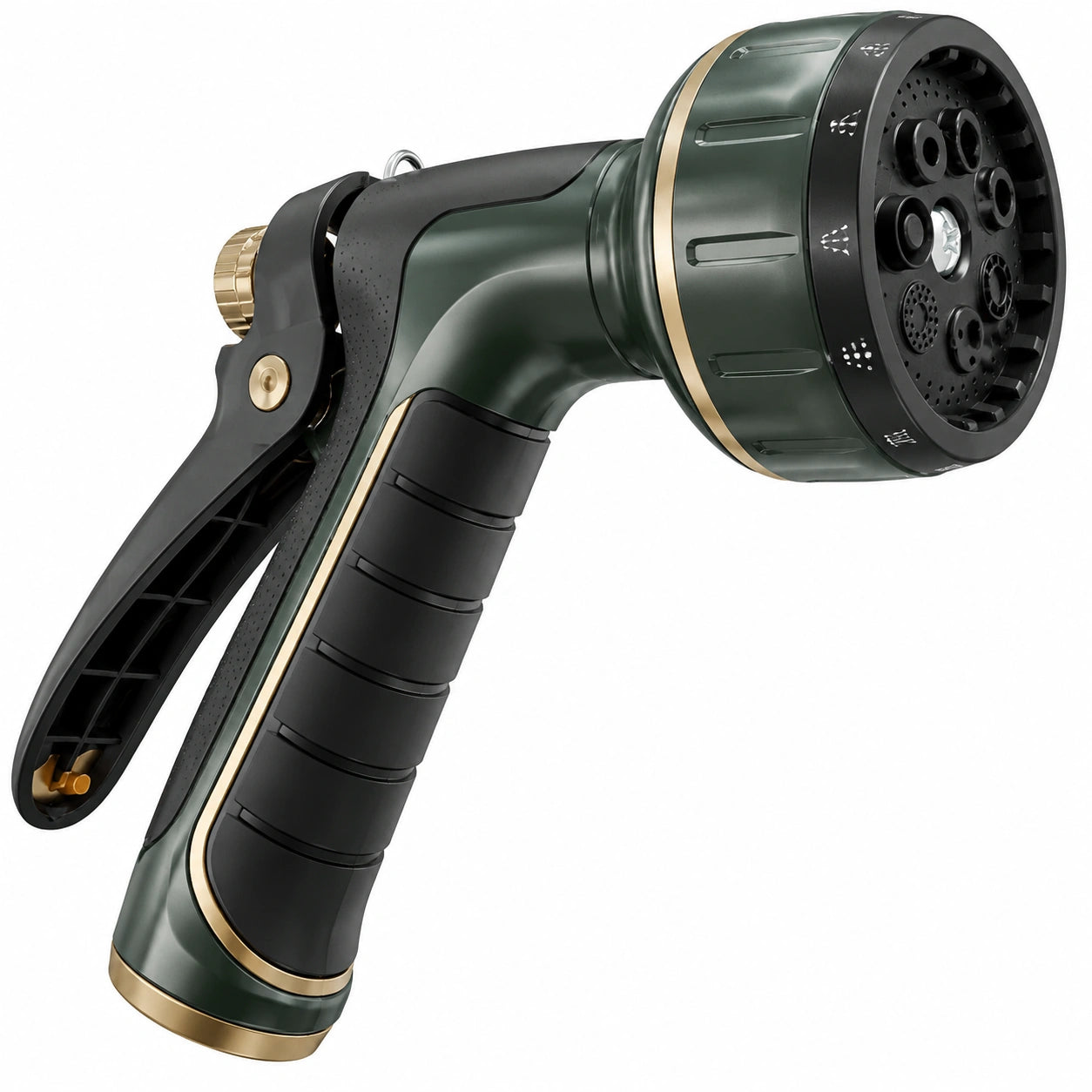 Pistolet d'arrosage en plastique vert noir et doré à jet réglable